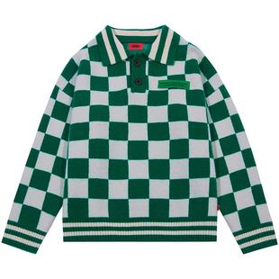 【特价清仓】GRKC吉尔卡克 棋盘格毛衣国潮牌情侣宽松毛衫polo领