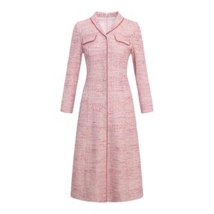 黛玛诗秋新款法式粉色粗花呢连衣裙女长袖翻领条纹A字裙知性优雅