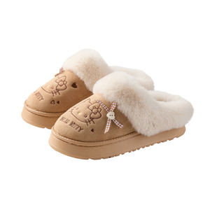 HelloKitty~!加绒棉拖鞋女秋冬保暖加绒可外穿厚底毛毛绒拖鞋