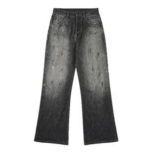 AC风格2021M版型黑色超好看男款牛仔裤泼墨设计微喇直筒宽松裤子