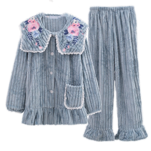 特价 冬季韩版女款加厚水貂绒睡衣宽松家居服两件套装可外穿