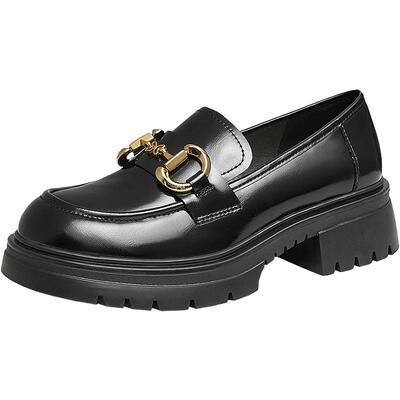 百思图春季新款时尚通勤厚底圆头乐福鞋小皮鞋女单鞋TFW48AA4