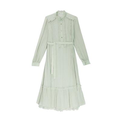 MSLAN气质立领荷叶边长连衣裙