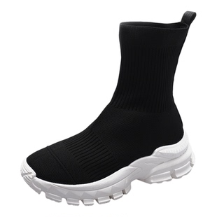 高帮弹力袜子鞋女2025秋季新款厚底休闲袜靴黑色时尚百搭飞织短靴