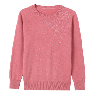 高档红色100%纯羊毛衫中老年人针织内搭本命年打底绣花针织气质女