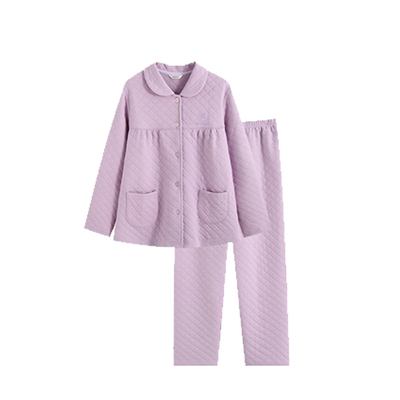 罗丝美秋冬新款纯棉睡衣暖棉布小翻领全开襟女士家居服套装14267