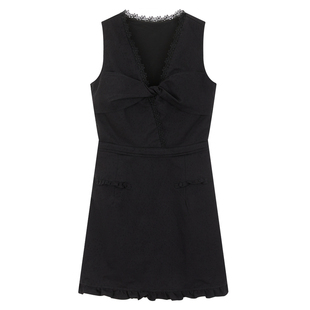 Joeyoo巨好看设计感荷叶边黑色连衣裙女夏无袖V领蕾丝小黑裙短裙