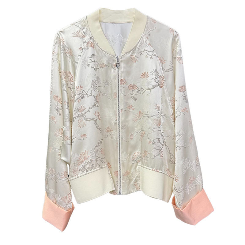 宽松真丝提花缎休闲棒球服短外套