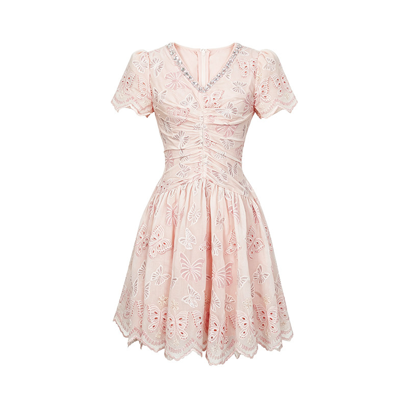 千金风重工V领镶钻碎花连衣裙