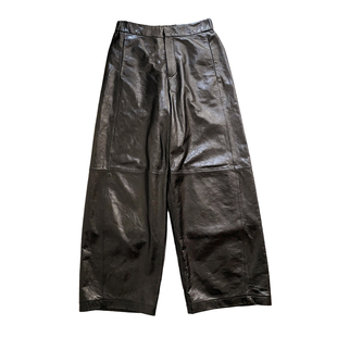 FRASANNO进口油蜡皮新款阔腿裤女九分裤 100%纯绵羊皮真皮 松紧腰