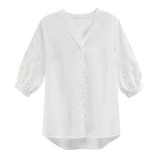 邑品舒适口碑面料精致定位雕孔镂空绣花莱塞儿时尚短袖白衬衫上衣