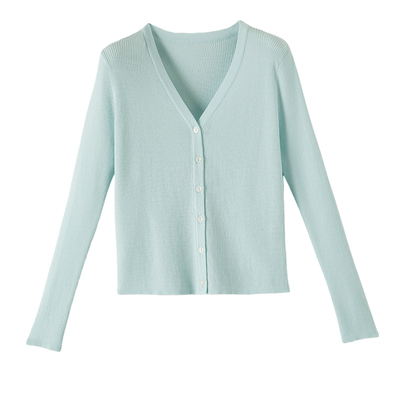 晚白纯色弹力V领修身针织开衫