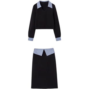 德玛纳高智感条纹拼接套装女春秋新款翻领短上衣直筒半裙两件套