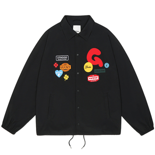 GUUKA潮牌黑色翻领教练夹克男款春季 字母刺绣青少年外套落肩宽松