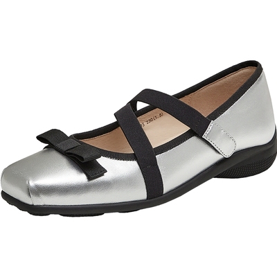 天美意皎月芭蕾平底银色玛丽珍皮鞋女魔术贴浅口单鞋2025秋季新款