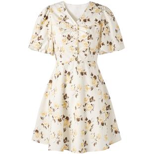 太平鸟女装春季优雅气质名媛风V领印花连衣裙A1FAD3109