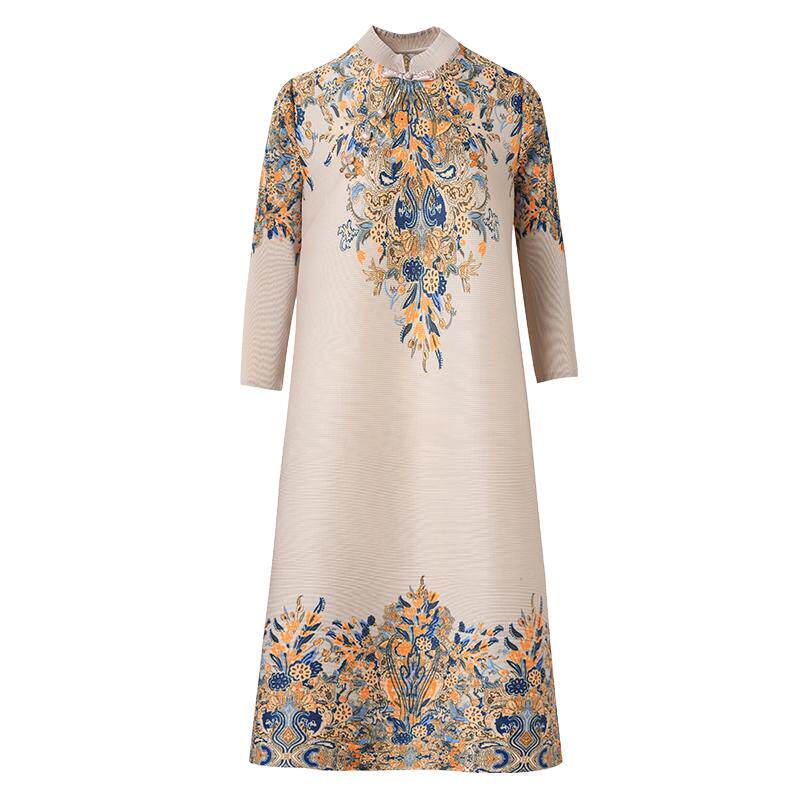 三宅新中式旗袍妈妈连衣裙春新款洋气复古印花弹簧裙大码女装褶皱