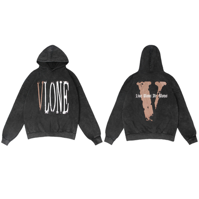 VLONE破坏大Logo印花 水洗宽松连帽卫衣 情侣款 米色 黑色