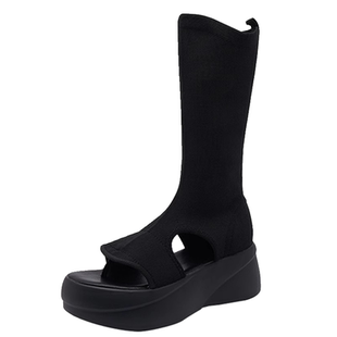 厚底黑色短靴女款2026夏季新款夹趾凉鞋弹力中筒靴子镂空松糕凉靴