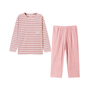 顶呱呱2025新品女摇粒绒中厚长袖条纹睡衣秋季宽松圆领家居服套装