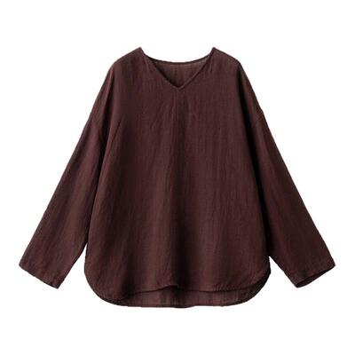 深咖亚麻V领套头衫T恤