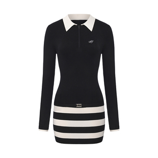 NanaJacqueline春季新款条纹假两件针织连衣裙女翻领拉链修身运动