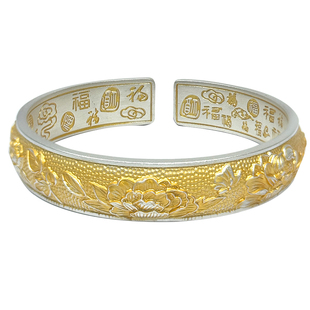 牡丹花银手镯女9999纯妈妈款大克重古法银镯子生日礼物送长辈老人