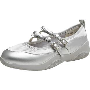 天美意休闲厚底芭蕾运动玛丽珍女银色浅口单鞋春新款BJ791CQ4