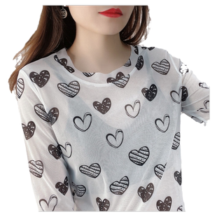 爱心印花冰丝防晒打底衫女t恤长袖内搭小衫紧身洋气透视网纱上衣