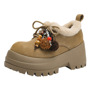 MILLIE'S/妙丽加绒保暖棉鞋女冬季厚底系带毛绒内里防滑松糕鞋