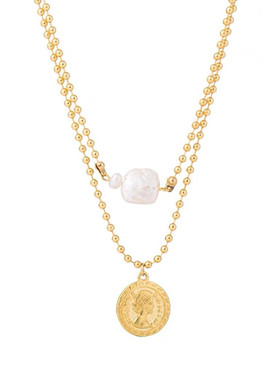 日韩新品双层圆珠链条女金币方形