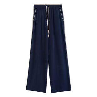 天丝醋酸阔腿裤女2025新款春季宽松休闲卫裤小个子直筒条纹运动裤