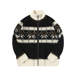 田嘉瑞同款TGNS雪花拉毛费尔岛毛衣开衫女生春秋季提花针织外套男