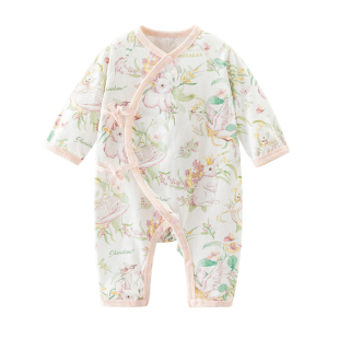 欢喜小熊女宝宝夏季蝴蝶衣纯棉哈衣新生儿长袖和尚服抗菌连体衣