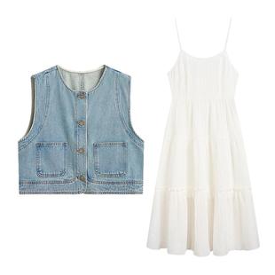 紫涵复古无袖牛仔外套收腰吊带a字连衣裙内外两件套装女夏季新款