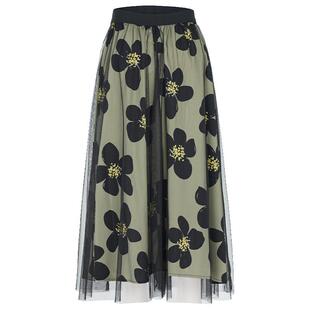 马天奴春夏款印花网纱半身裙松紧腰中长款气质伞裙A字裙子女时尚