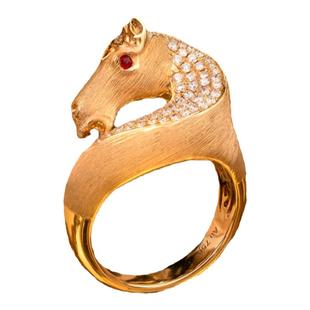 太府珠宝18K金拉丝骏马造型戒指意大利设计镶钻钻石个性马首女戒