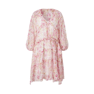 商场同款 摩萨克2025夏新款V领法式浪漫荷叶边碎花短款连衣裙女