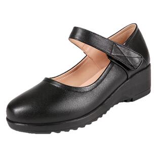 女士真皮单鞋坡跟牛皮妈妈皮鞋软皮软底不累脚中跟防滑大码女鞋子