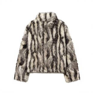 欧美新款环保皮草外套女短款立领黑白斑纹加厚冬仿皮草中长款外套