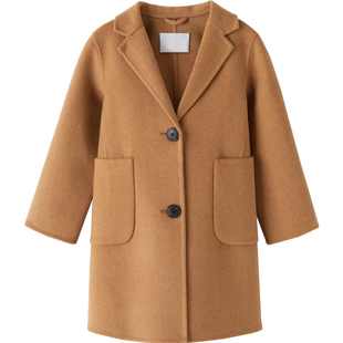 儿童羊绒大衣女中长款韩版洋气翻领双面呢子外套中大童大口袋上衣