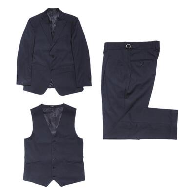 川泽藏青色暗条纹修身西服三件套