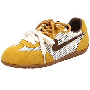 森达蓝色德训鞋女鞋夏季网面透气运动休闲薄底小白鞋内增高板鞋