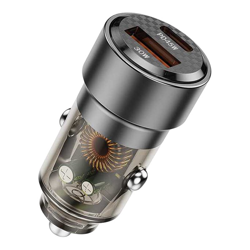 新款车载充电器PD45W超级快充2.0金属透明车充AC双口QC30W车用