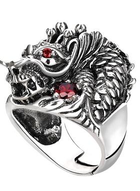 霸气象神龙头虎头狼头纯银戒指男