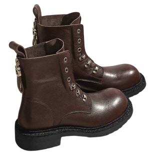 MILLIE'S/妙丽真皮圆头系带马丁靴女2026秋酷飒通勤侧拉链短靴P