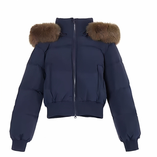 藏青色毛领羽绒棉服女秋冬季加厚保暖短款外套独特超好看棉袄上衣