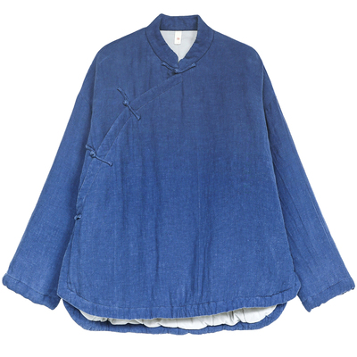 古石后原创布衣棉服女冬季厚外套亚麻碧云染中式复古斜襟国风棉袄