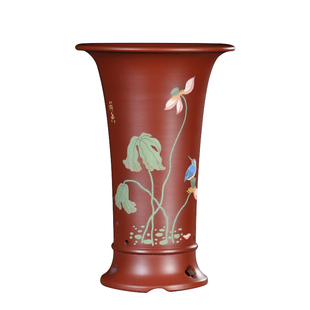 兰花专用盆紫砂盆大红袍高束腰手工泥绘盆景陶瓷花瓶寒兰盆带侧孔