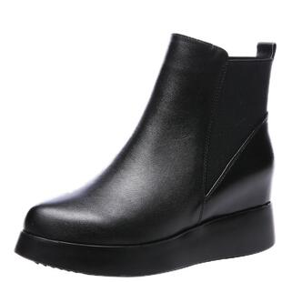 厚底内增高短靴女秋冬2025新款坡跟松糕底尖头真皮增高马丁靴加绒